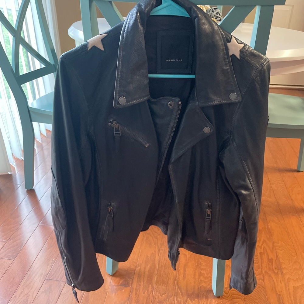 AllSaints Black Leather Jacket with White Star Accents